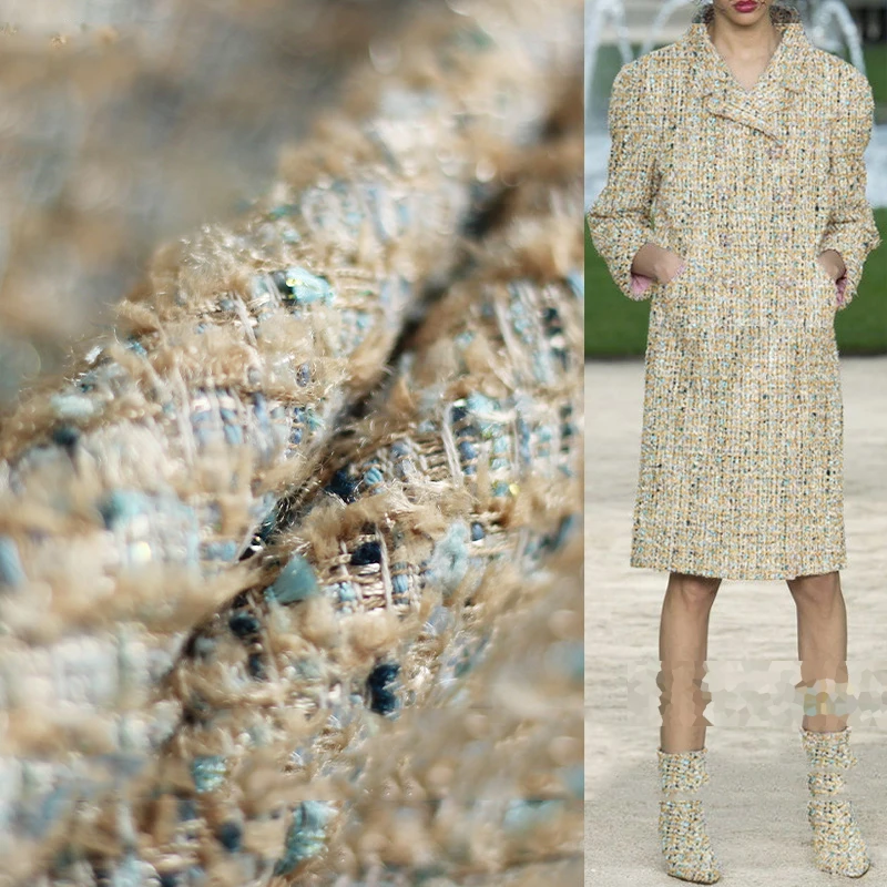 Френч твидовый очаровательный тканый цветочный верблюжий синий маленький перо