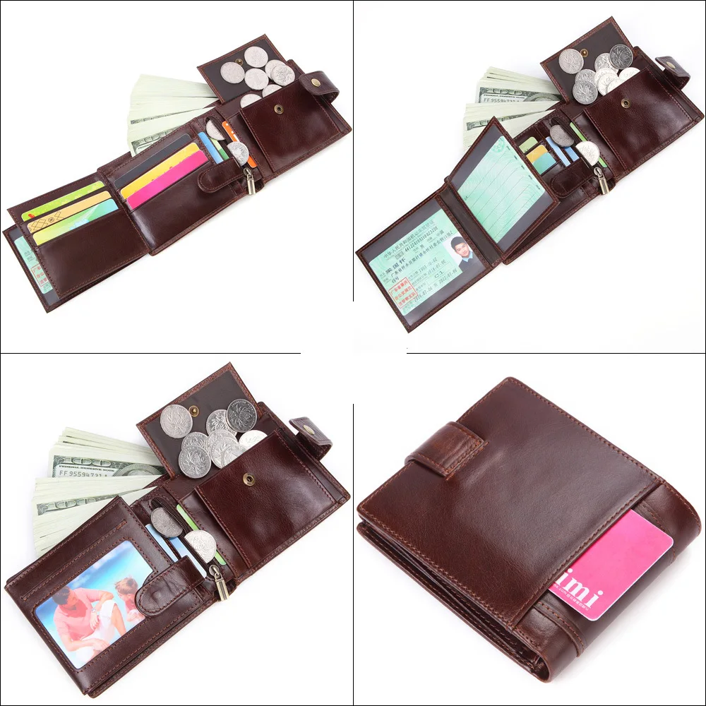 

Genuine Leather Wallet Men Slim Tri-fold Purse Coin Pocket Fashion Men Small Card Holder Retro Oil Wax Leather Clutch Money Bag