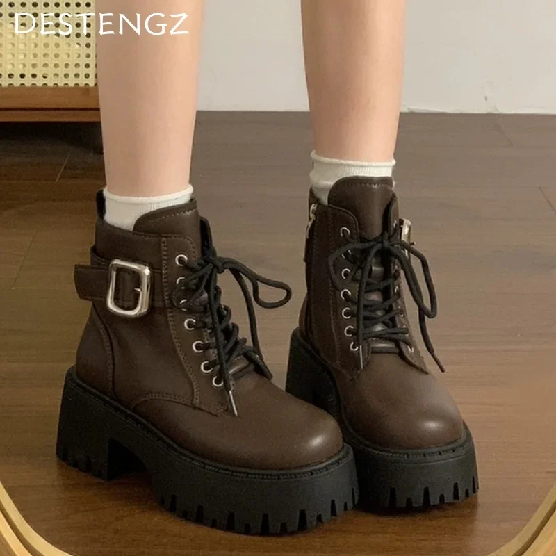 Женские ботильоны на высоком каблуке массивная кожаная обувь платформе женская