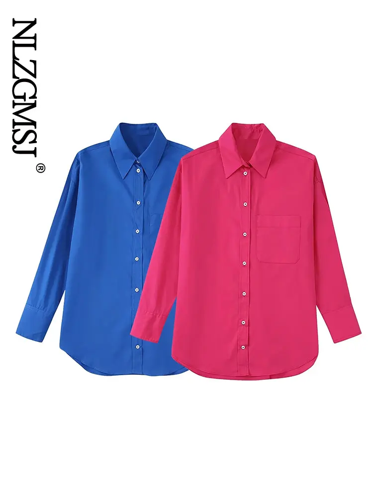 

Nlzgmsj 2022 Women Popular Candy Colors Pocket Patch Casual Smock Blouse Office Ladies Breasted Shirt Chic Blusas Tops