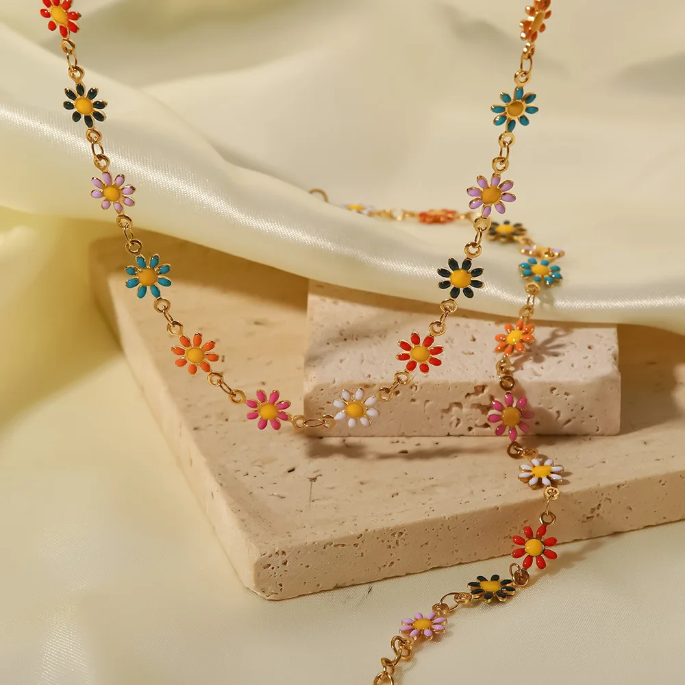 

Bohemia White /Colorful Daisy Necklace Bracele Set Stainless Steel Choker For Women Chain Bracelet Fashion Jewelry Accessories