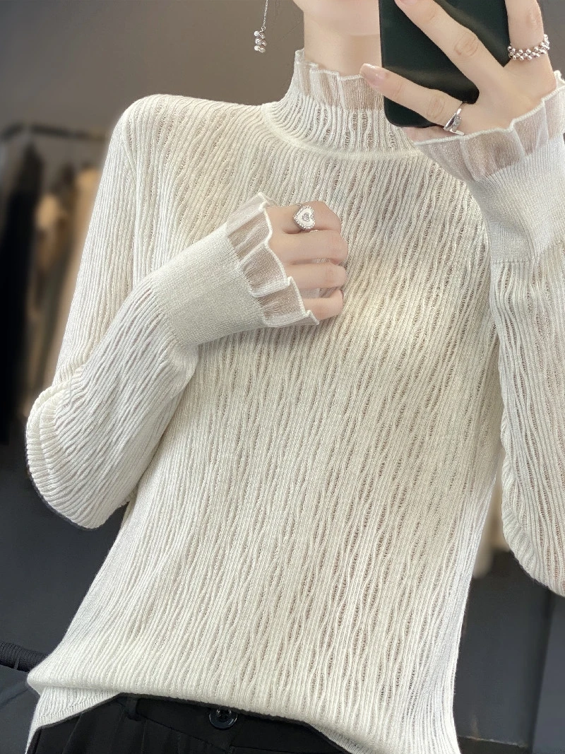 Кружевная кружевная рубашка с длинными рукавами и грибком женская тонкая