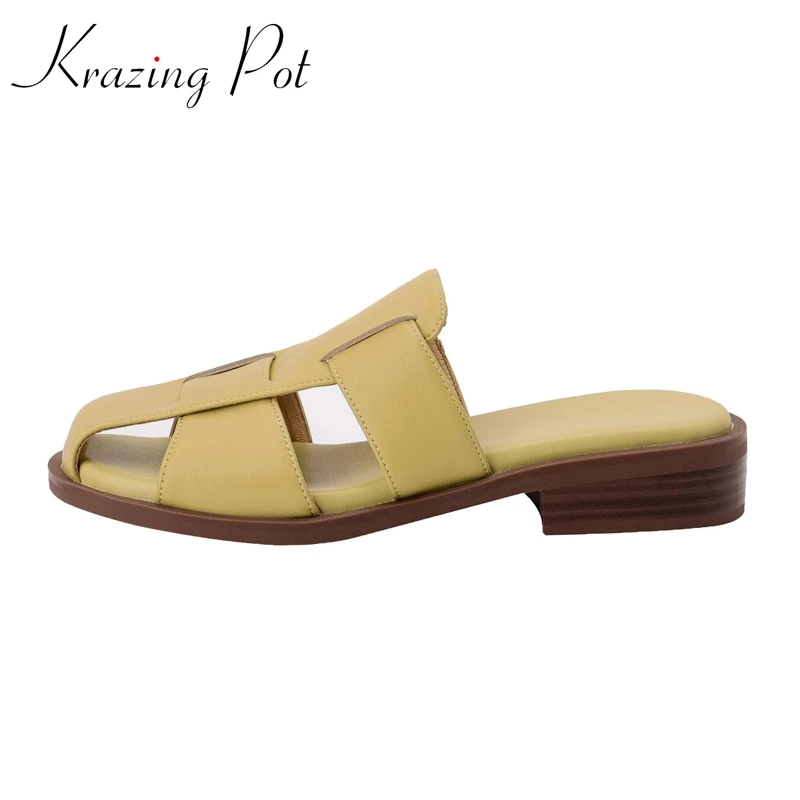 

Krazing Pot 2022 New Genuine Leather Square Toe Med Heel Mules Gladiator Fashion Solid Cozy Handmade Brand Women Slippers L93