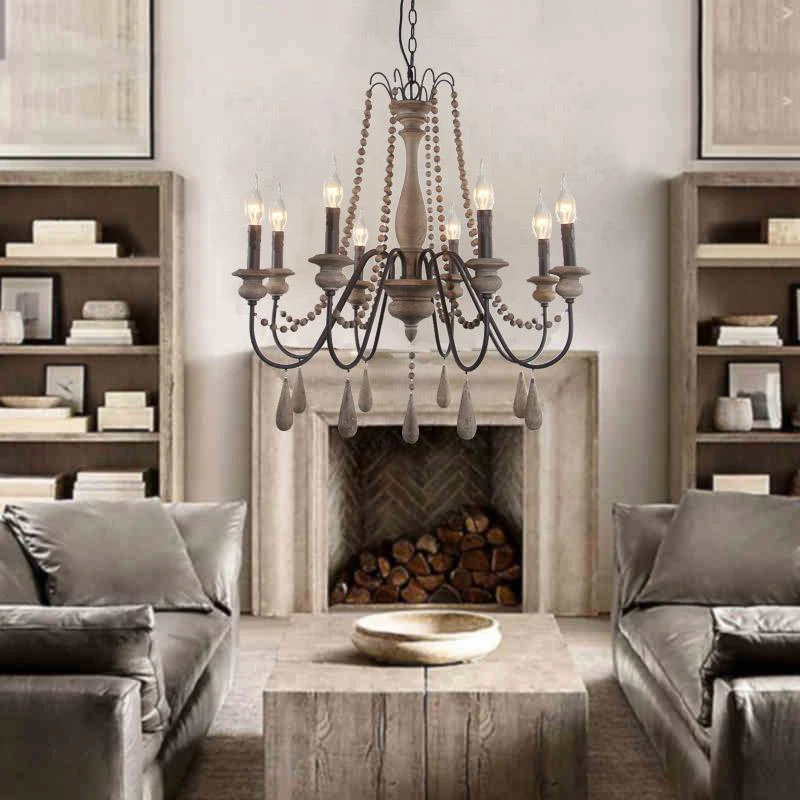 Винтажная Деревянная люстра деревенские лампы с бусинами комнатное освещение