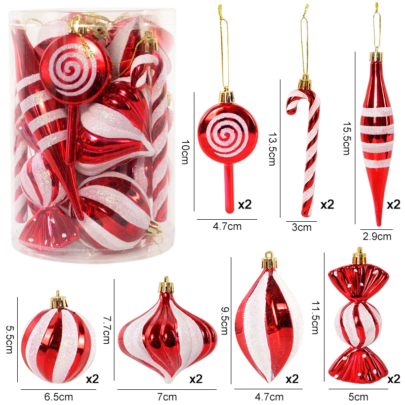 

14pcs/box Christmas Ball Ornaments Red Candy Cane Xmas Tree Hanging Pendants Navidad New Year Home Decorations 2024 Natal Gift