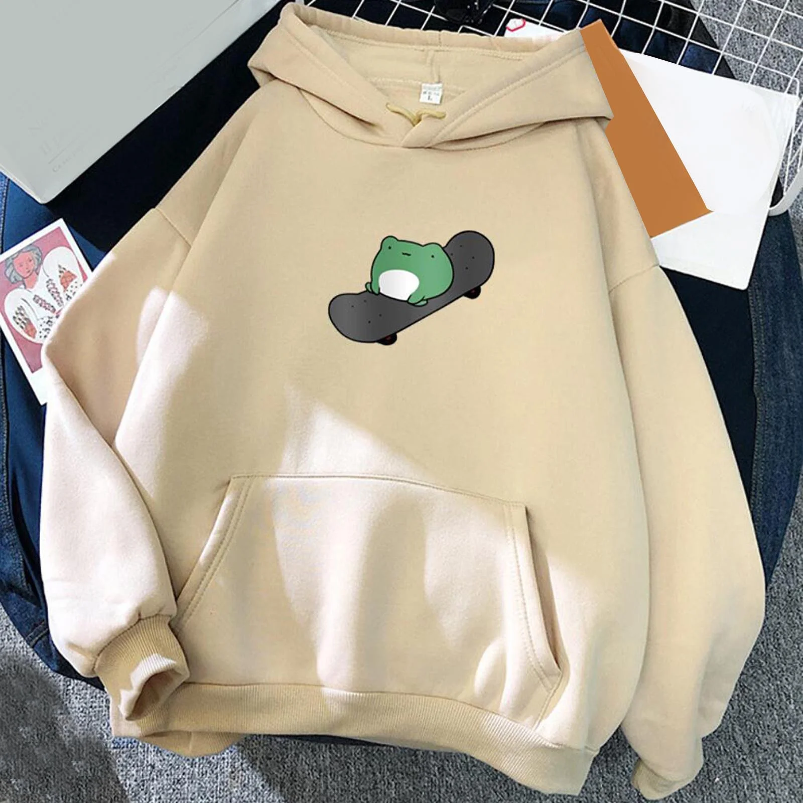 

Kawaii Skateboard Froggs Printed Hoodies Women's Harajuku Korean Japan Oversized Sweatshirts Hoody Big Pocket Pullover Tops