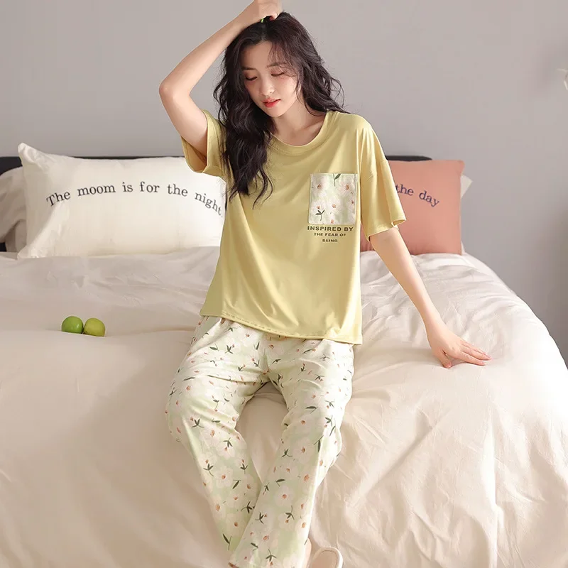 Летний женский пижамный комплект с короткими рукавами и длинными брюками