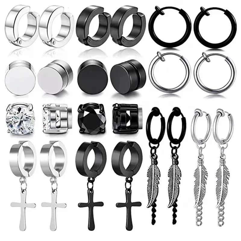 12 Pairs Stainless Steel Black Clip Earrings Men's Punk Earring Set Street Hip Hop Earrings for Women Party Unisex Jewelry Gifts