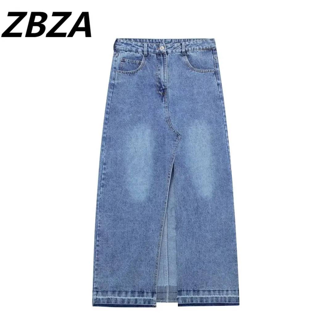 

ZBZA Women 2023 New Chic Fashion Midi Denim Skirt Vintage High Waist Zipper fly Female Skirts Mujer
