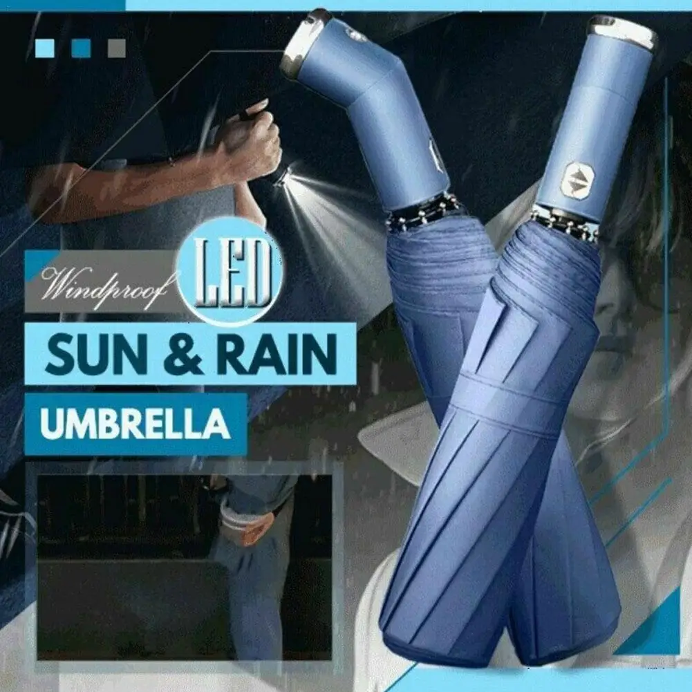 

1pcs Windproof LED Sunny Rain Umbrella Three Fold Automatic Opening And Closing Light Men Women Rotating Automatic Umbrella