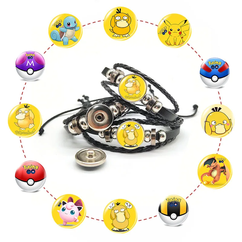

Браслет Пикачу, кожаная цепочка, Покемон, кавайная стеклянная подвеска, кабошон, ювелирные изделия для женщин, мужчин, детей, подарки для дру...