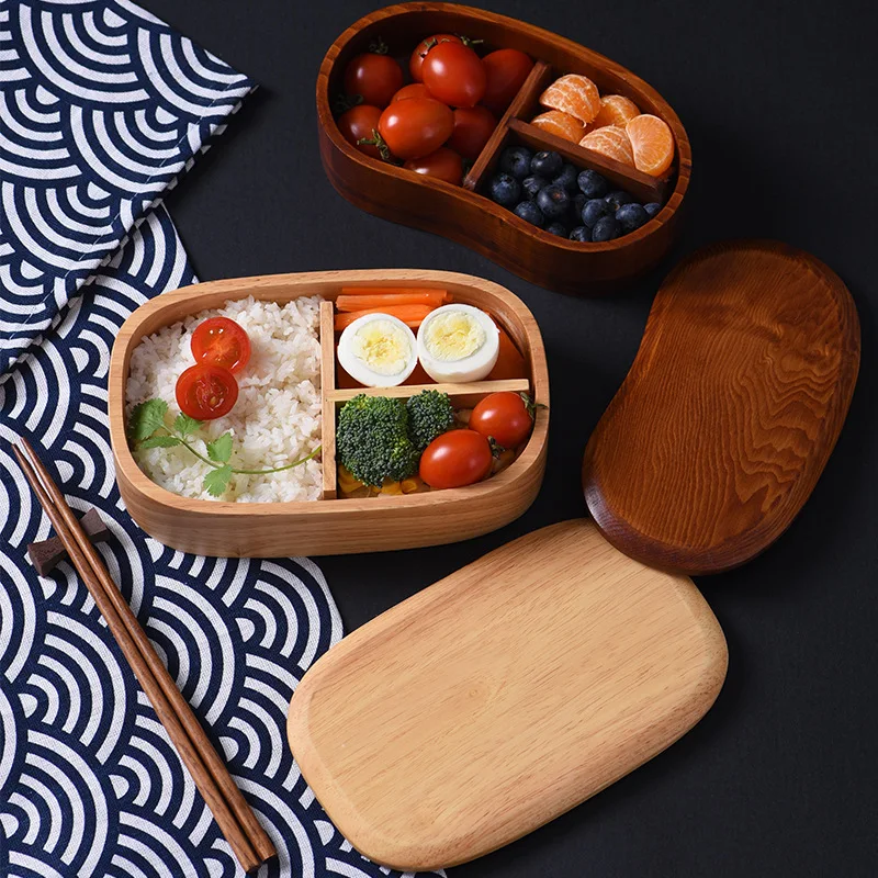 

Wooden Lunch Box Picnic Japanese Bento Box for School Kids Dinnerware Set with Bag&Spoon Fork Chopsticks Round Square Lunch