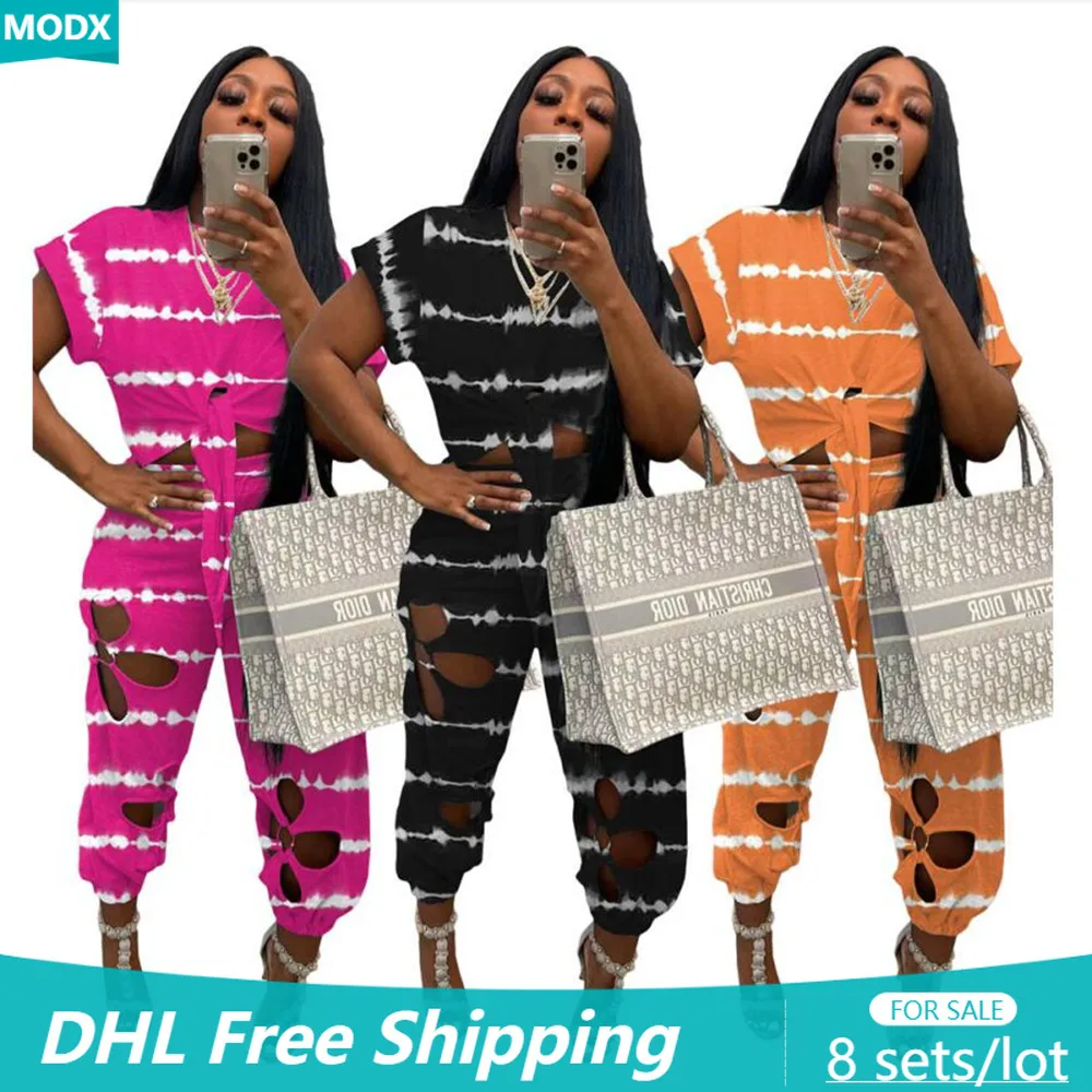 

Wholesale Bulk Women Print 2 Piece Sets Casual Sport Suit Top + Hollow Out Jogger Pants Hole Flowers Outfit Lady Tracksuits 7982