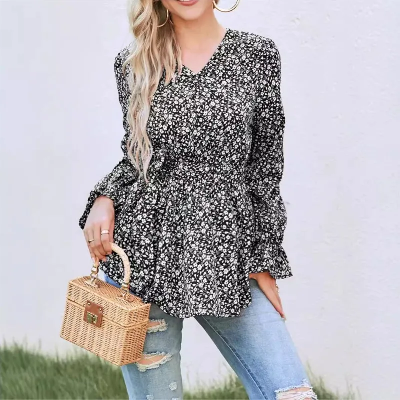 Сплошной цвет элегантная женская блузка с цветочным принтом осенняя