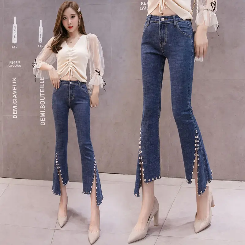

2022 Fashion High Waist Skinny Jeans Solid Color Women Vintage Slim Lady Flare Pants Classic Casual Trousers for Women S16