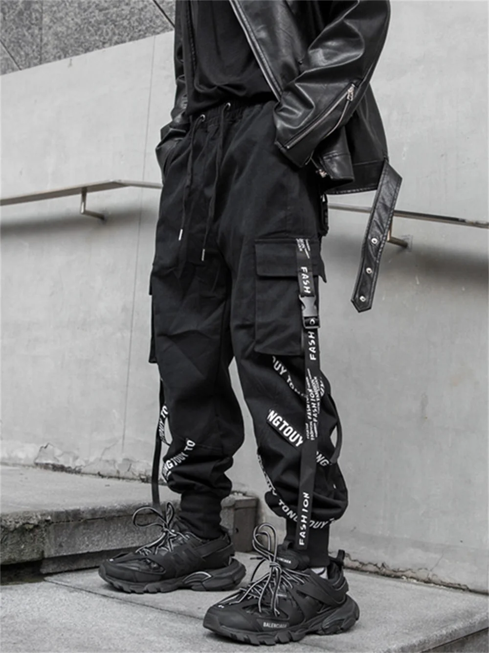 Harajuku Black Hip Hop Men Ribbons Cargo Pants Techwear Japanese Emo Alt Trousers Jogging Street Overszied Hippie Gothic Joggers