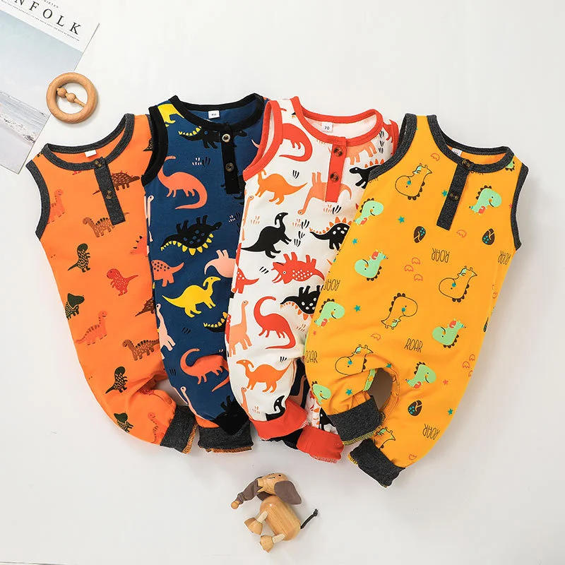 

Baby Boys Girls Rompers Sleeveless Round Neck Dinosaur Printed Patchwork Jumpsuits Summer Infant Clothing