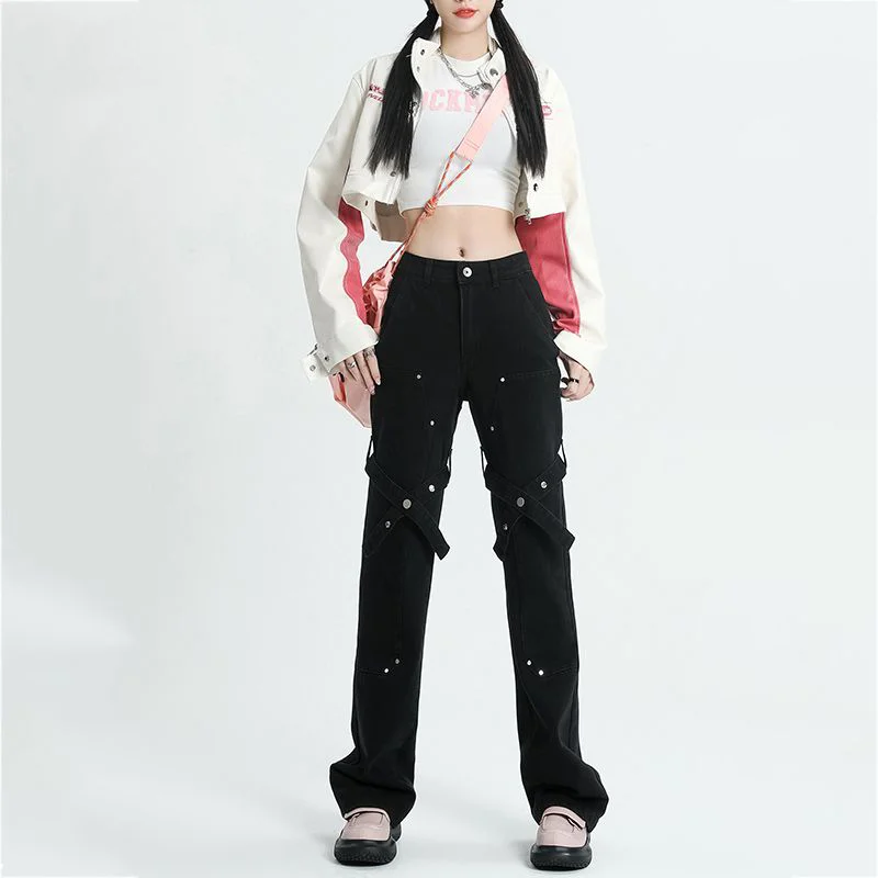 American High Street Jeans Women 2023 Spring And Autumn Cross Design Sense Micro Horn Straight Tube