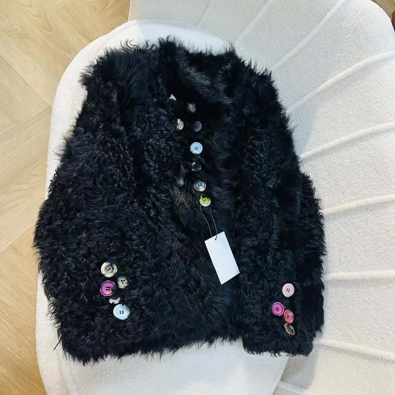 

Мягкая кожаная куртка из вьющейся шерсти, короткая длина, Толстая теплая цветная куртка на пуговицах, роскошная Толстая теплая куртка из натурального овечьего меха