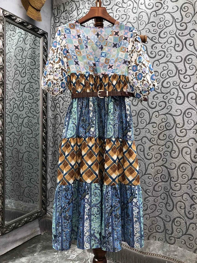 2023 new women's fashion short-sleeved V-neck color-matching printed belt slim-fit pleated dress 0521