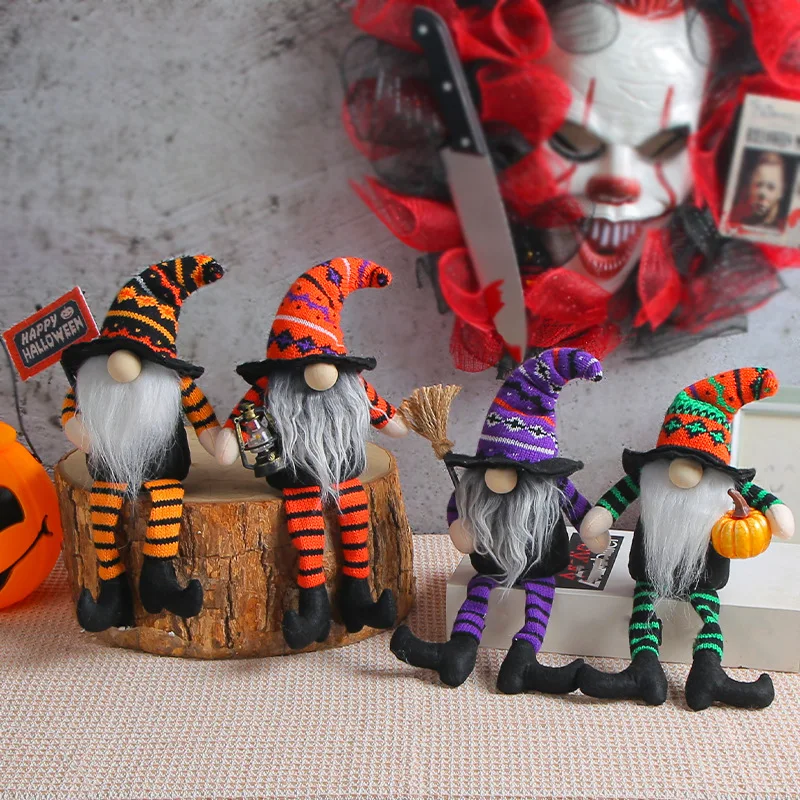 

29cm Cute Broom Witch High Hat Stripe Long-legged Rudolph Faceless Doll Props Halloween Decorations for Home Childs Gifts