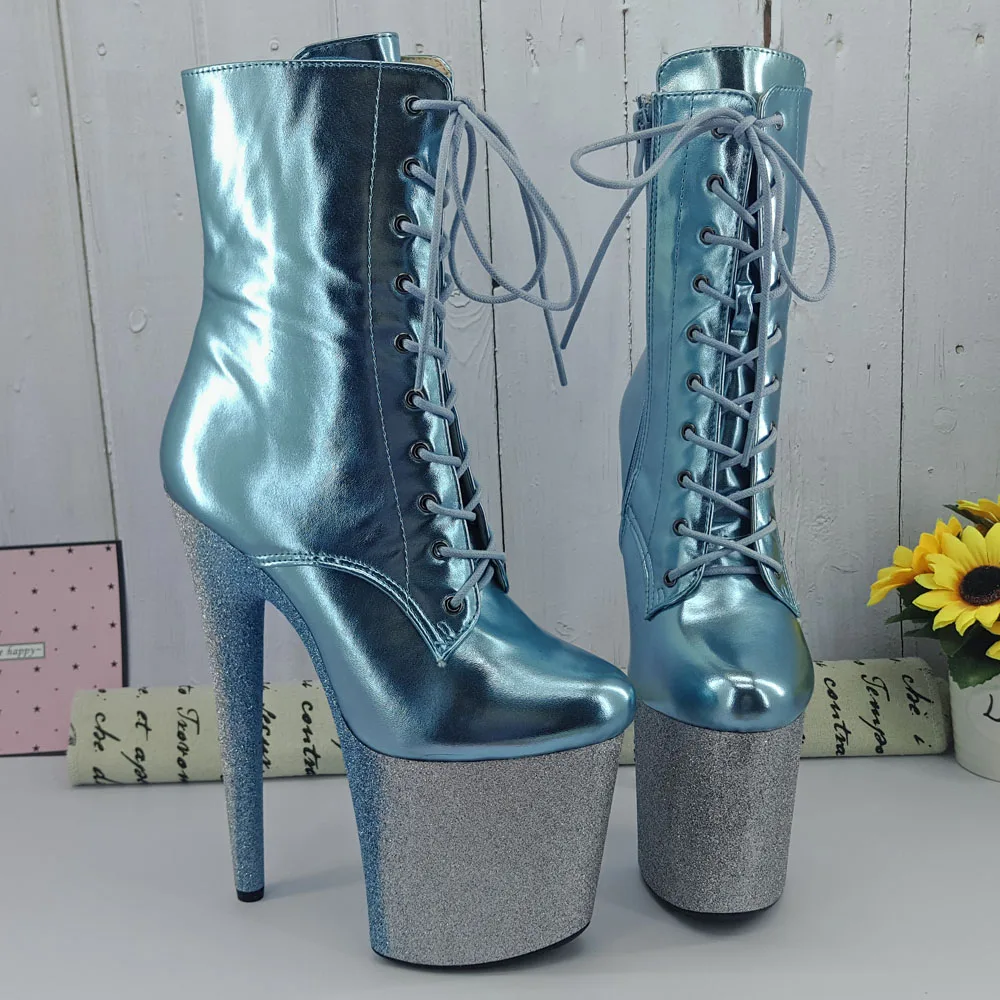 Leecabe  Light blue Glitter 20CM/8inches Pole dancing shoes High Heel platform Boots closed toe Pole Dance boots
