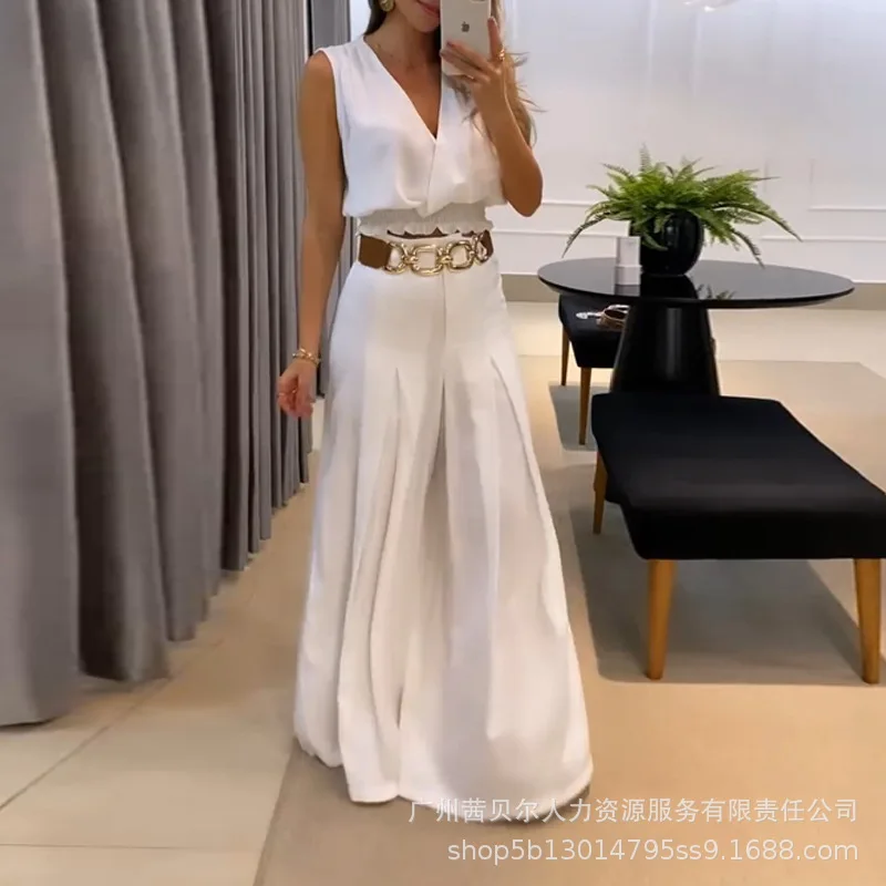 

Women 2pcs Clothes Suit V-Neck Shirred Sleeveless Tank Top & Full Length High Waist Loose Flared Pants Set without Belt