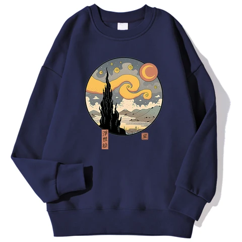 Мужской пуловер с капюшоном и принтом звездной ночи, мягкая флисовая толстовка в японском стиле