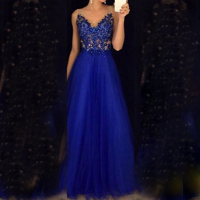 

Elegant Vestidos Ladies Sequins Mesh Formal Evening Prom Party Dress Women Sheer Sleeveless Ball Gown Cocktail Dresses