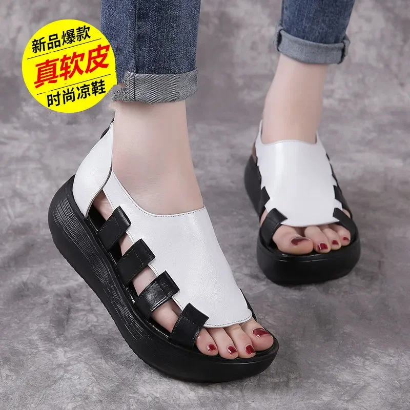 

2022 New Personality Fish Mouth Spell Color Summer Women Sandals Leather Platform Increase Shoes Wedges Fashion Sandals