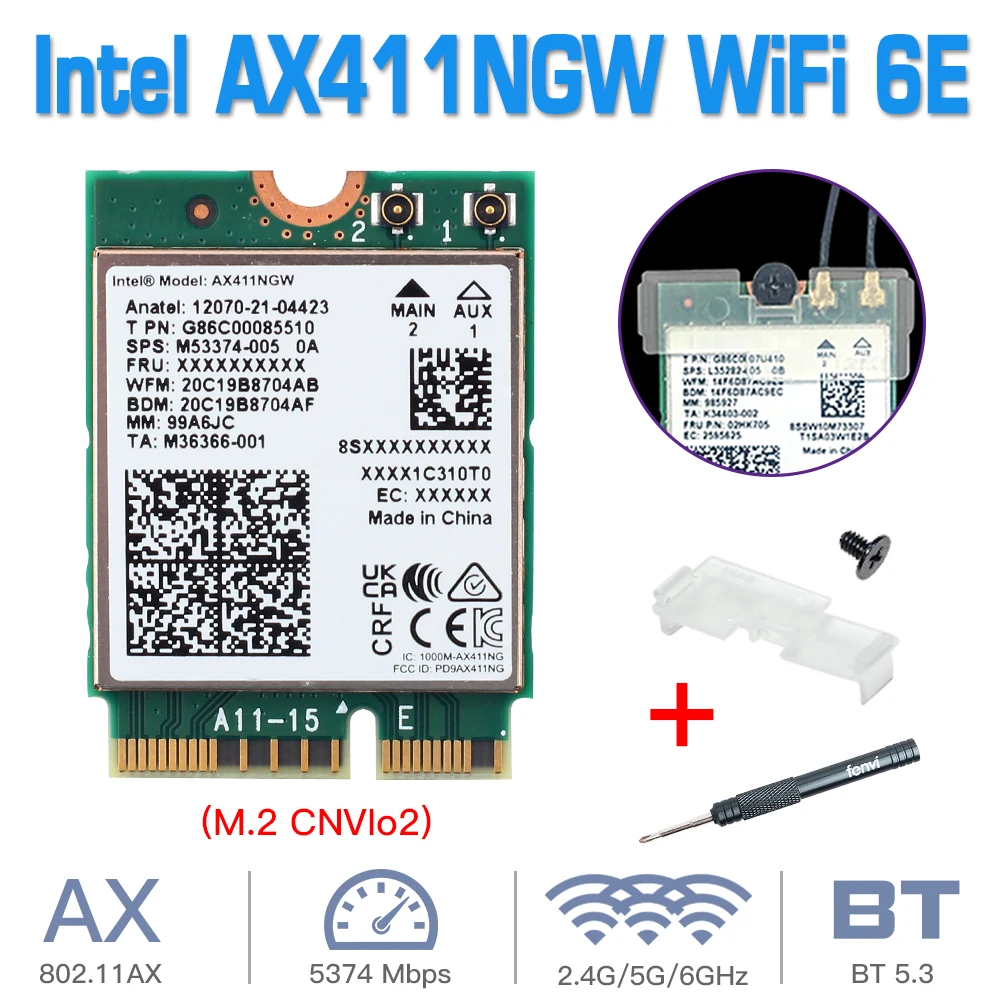 

Tri Band Intel AX411 Cnvio2 wifi 6E Bluetooth 5.3 AX411NGW 2.4G/5G/6G Wireless Wi-fi Network Card 802.11ax/ac For Win 10 11