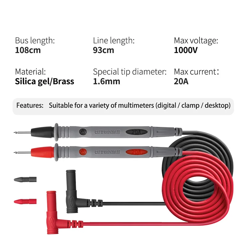 

2 шт., 20A, 1000 В, цифровой мультиметр, измерительный провод, высокая прочность на растяжение, силиконовая линия, универсальный зонд, антипирен, ...