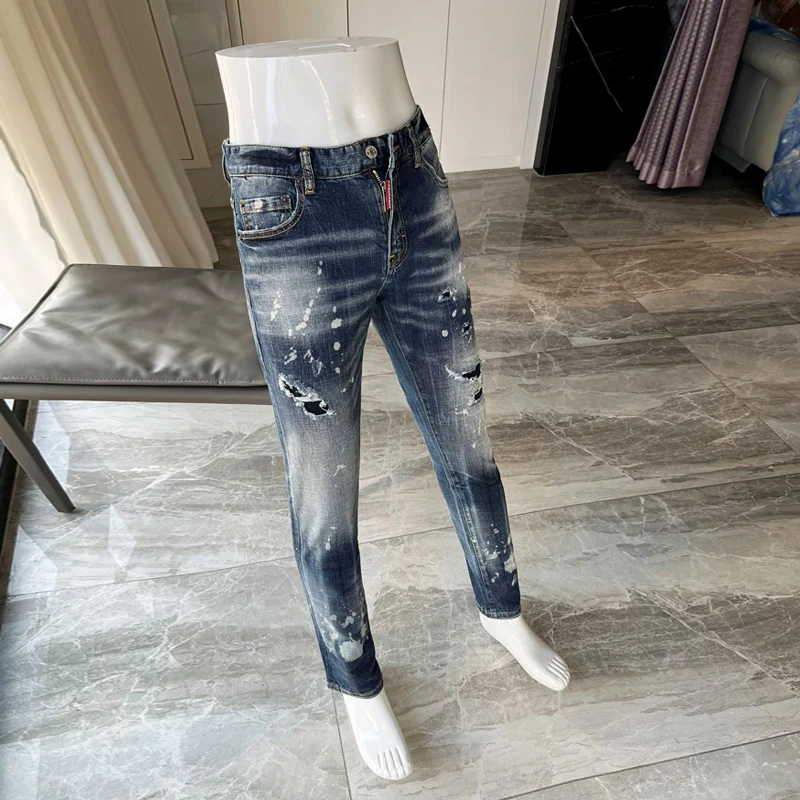 High Street Fashion Men Jeans Retro Blue Elastic Slim Fit Patched Ripped Jeans Men Painted Designer Hip Hop Brand Pants Hombre