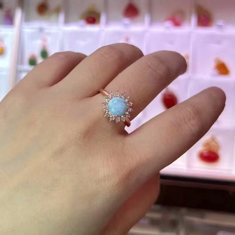 

HUAYI round luxury sun flower Face nature Larimar stone Ring brass 18K gold plated fashion Jewelry For Women Party jewellery