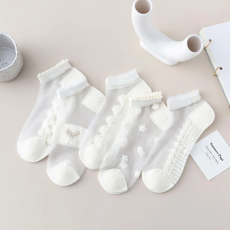 

Hollow Floral Women Sock Thin Men Sock Ankle Cute White Cotton Sox Harajuku Soft Kawaii Hosiery Spring Summer Couples Stockings