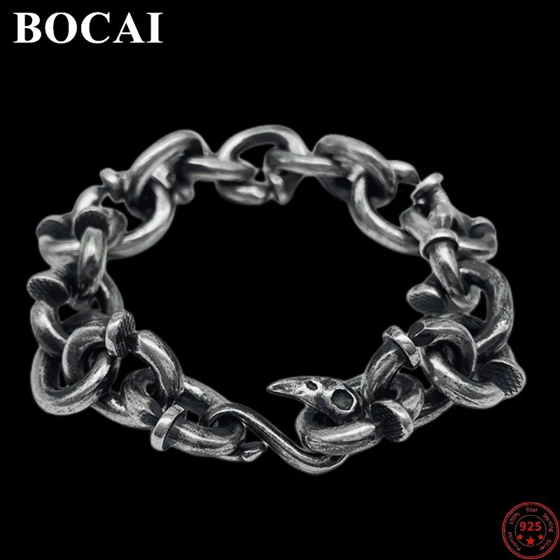 

Мужские браслеты BOCAI из стерлингового серебра 2023 пробы, новинка, модные ювелирные изделия ручной работы в стиле панк с орлом, искусственным ногтями, о-образной цепочкой