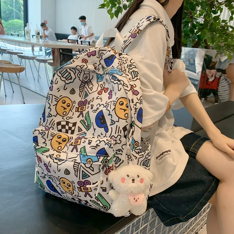 

Cartoon Doodle School Bag Waterproof Nylon Backpack Teens Travel School Bags Backpack Student Pen Laptop Bag 2022 Mochila Escola