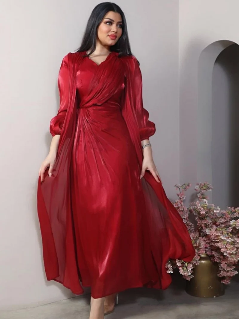 Two-Pieces Kimono Abaya Dress Set for Women Fashion Soft Bright Silk Satin Dubai Turkey Robe Corban Eid Al Adha 2023