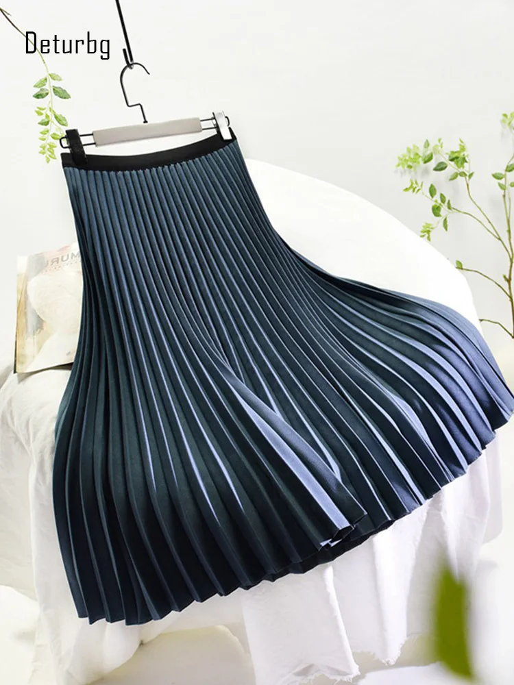 ularano plisowana długa spódnica midi dla kobiet Koreańska moda y2k Elastyczna wysoka talia Spódnice biurowe Slim Swing A-Line 20243 Wiosna K221