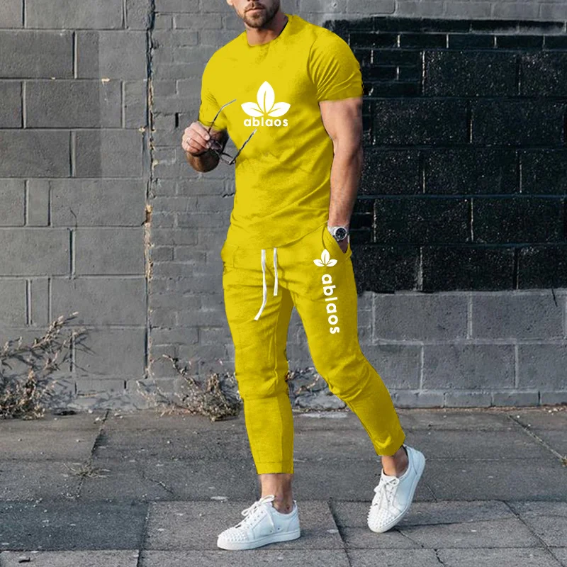 3D printing short-sleeved T-shirt trousers men's 2-piece summer sportswear men's T-shirt suit casual trend oversized clothes