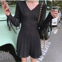 autumn winter womens elegant korean lace lantern sleeve temperament v neck twisted knitted long sleeved a line dress sweater