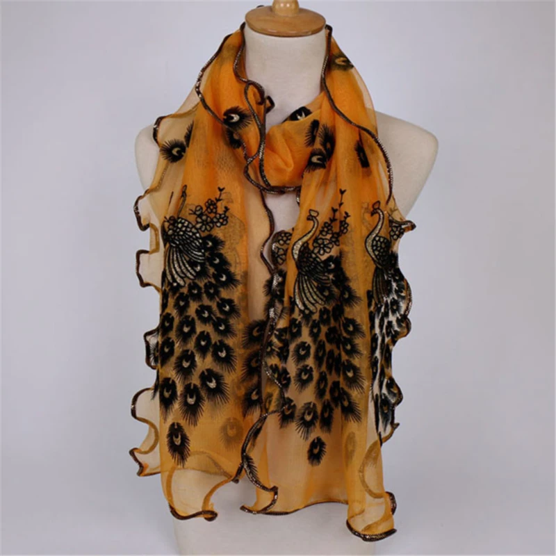 New Design Women Chiffon Peacock Feather Flower Embroidered Lace Stylish Scarf Long Soft Wrap Shawl Ladies |