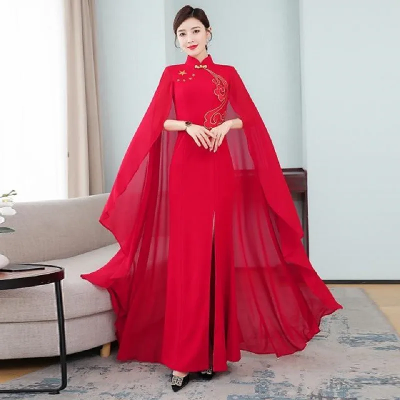 

Chinese Traditional Improved Waist Cheongsam Dress For Women High-end Slim Banquet Catwalk Costume Long Oriental Style Qipao