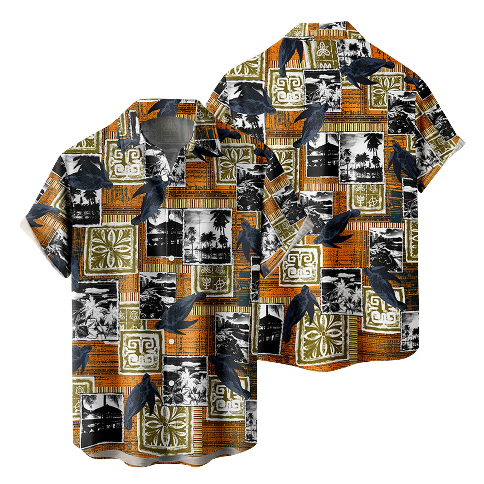 

Mens Fashion And Leisure 3D Digital Printing Buckle Lapel Short Sleeve Shirt Top Suede Shirt Men