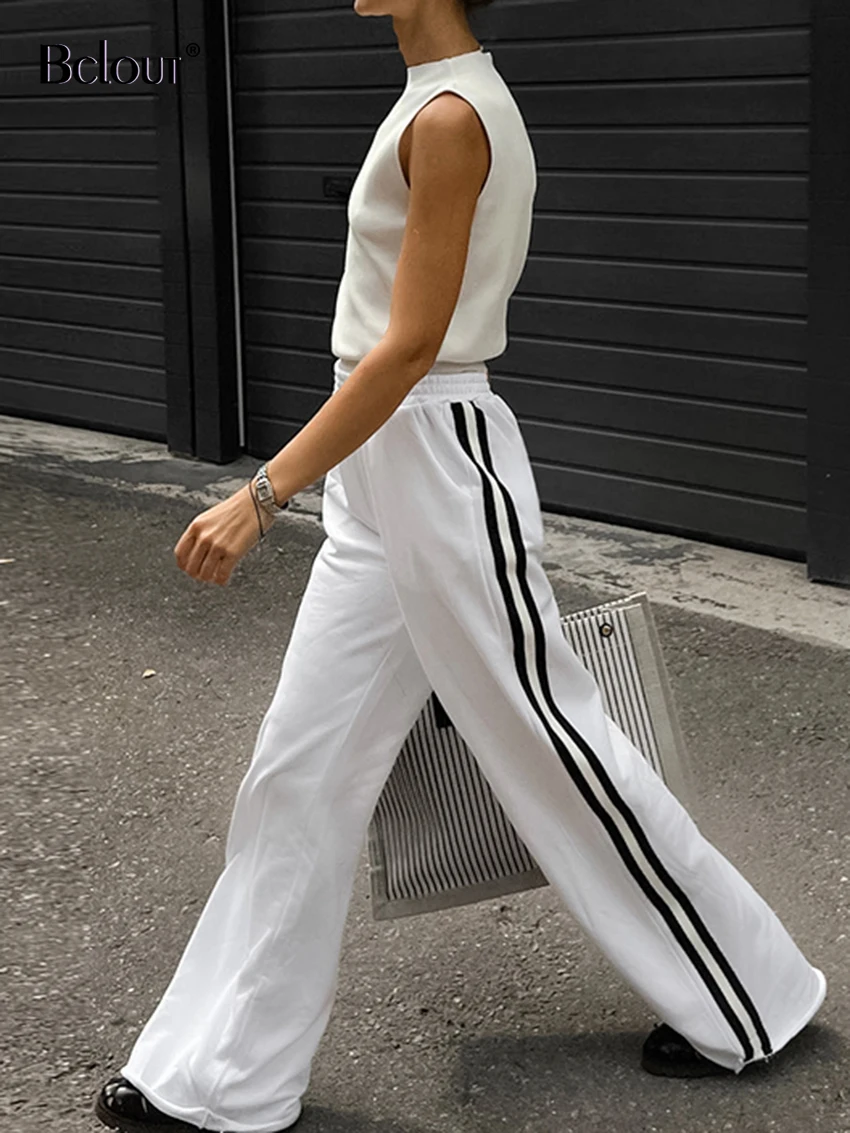 

Bclout Spring Cotton White Pants For Women 2023 Sport Patchwork Elastic Waist Loose Long Pants Streetwear Knitted Wide Leg Pants