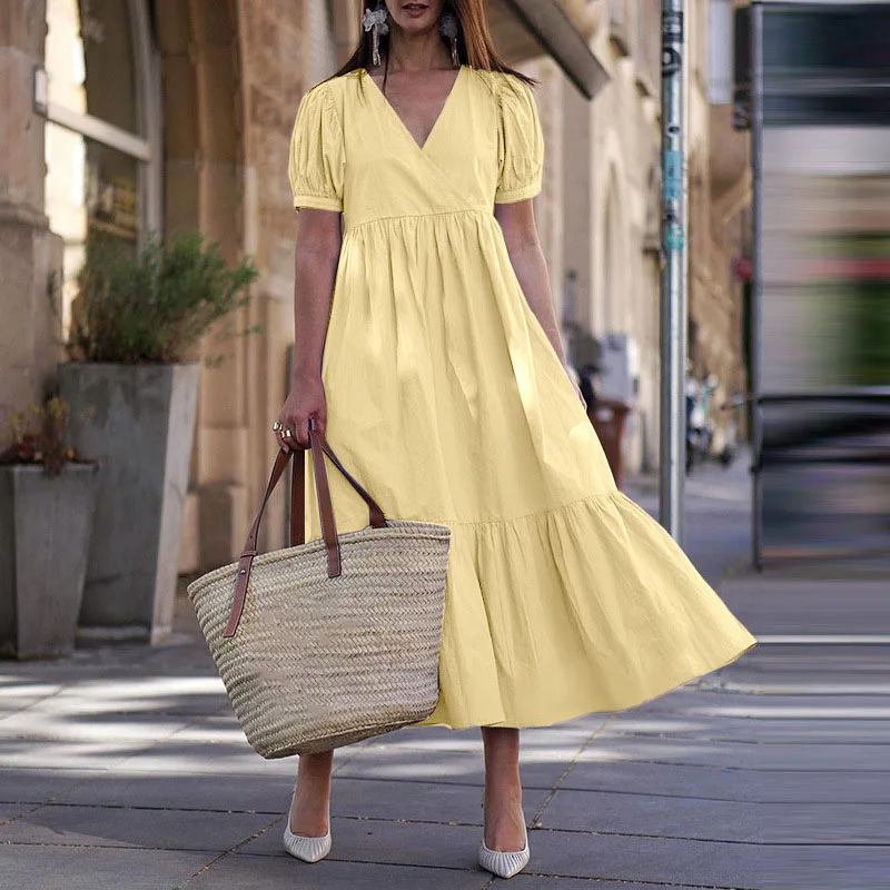 

2021 Casual Solid Ladies Elegant Long Dress Fahsion V-Neck Short Sleeve Loose A-Line Dresses Women Vintage Simple Party Dresses