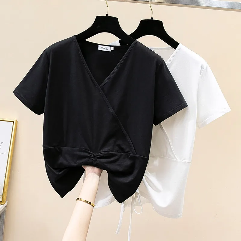 Женская летняя футболка с V-образным вырезом и коротким рукавом