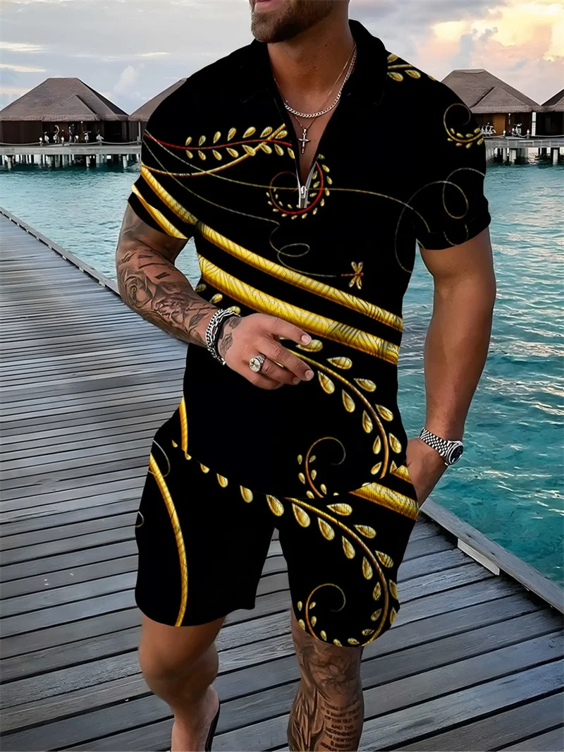 

Men’s Luxury Tracksuit 2 Piece Set 3D Floral Print Polo Shirt Sleeve T Shirt &Shorts Casual V-Neck Zipper Polo Shirt Man Clothes