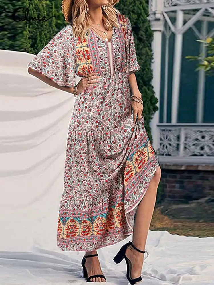 

Bohemian Floral Print Party Vestido Celmia Women Flared Sleeve Long Dress Vintage Patching Robe Casual V Neck Holiday Maxi Dress