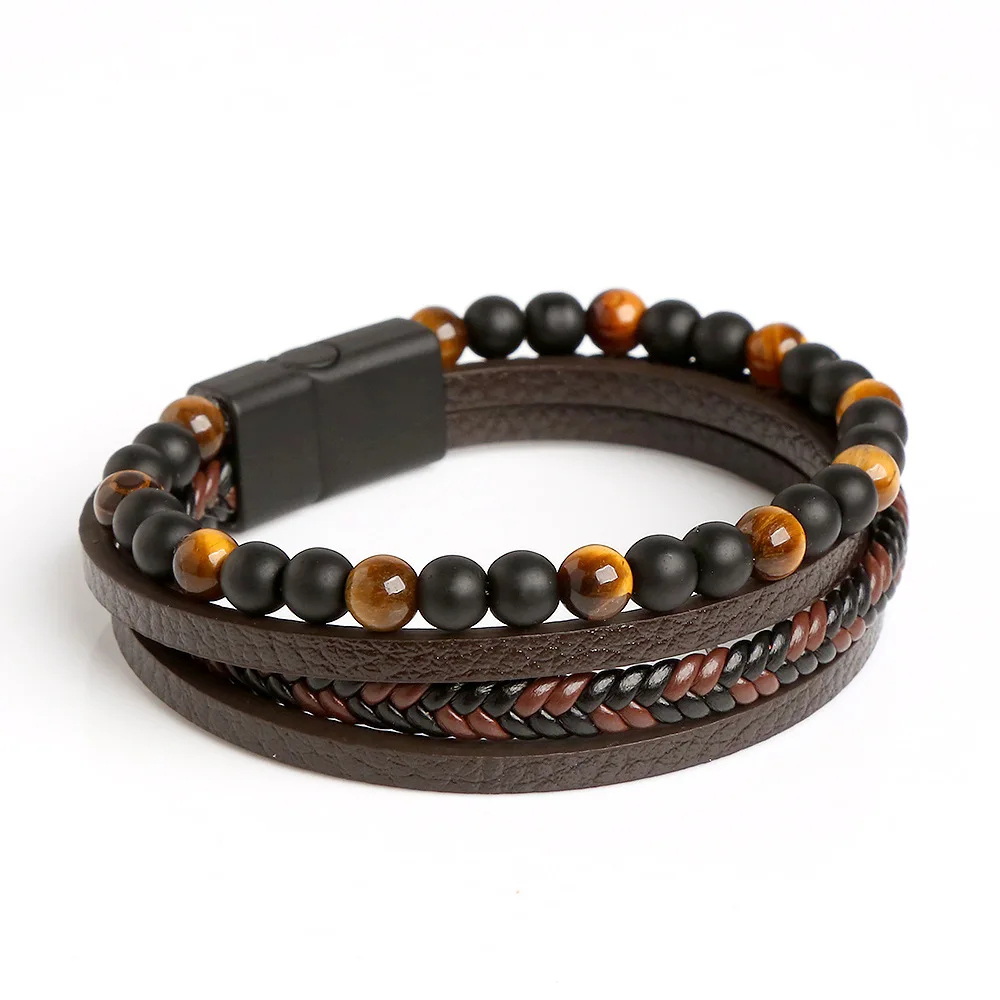 

Men's Vintage Genuine Leather Multilayer Braided Rope Bracelet Natural Stone Punk Style Bracelet Tiger Eye Alloy Magnet Buckle